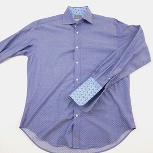 Thomas‎ Dean  Button Front French Cuff Blue Polka Dot Dress Shirt Size M,  C40